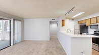 Located in Jacksonville, FL (32218), this single-floor, one-bedroom, one-bathroom residence offers a functional and well-organized layout. The kitchen is a standout feature, equipped with stainless steel appliances including a gas range, microwave, and refrigerator, complemented by warm wood-toned cabinetry and durable hardwood-style flooring. A peninsula with a sink opens the kitchen toward the adjoining living and dining area, which is illuminated by a chandelier and track lighting overhead. The living space is finished with plush carpeting and neutral-toned walls, creating a clean, versatile environment.

The bedroom is a comfortable and well-proportioned room featuring soft carpet flooring, neutral grey walls, and a window that allows natural light and views of outdoor greenery. An adjacent walk-in closet offers generous storage with wire shelving systems along two walls, providing ample space for organization.

The bathroom is straightforward and functional, featuring a full tub-shower combination with chrome fixtures and hardwood-style flooring. A hallway connects the rooms efficiently, contributing to the unit's cohesive flow. The textured ceilings are consistent throughout, and the overall design emphasizes practicality and comfort in a compact, single-level footprint.