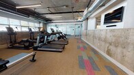 Located at 4065 Glencoe Ave in the Marina del Rey area of Los Angeles, this fitness center showcases a compelling industrial-modern aesthetic. The space features exposed concrete ceilings with visible ductwork and structural columns, lending it a raw, urban character that is complemented by clean white walls and colorful patchwork carpet tile flooring in warm neutrals, reds, and blues.

The main workout floor is generously proportioned, accommodating a robust array of Life Fitness cardio equipment including multiple treadmills, stationary bikes, elliptical trainers, and a rowing machine. A dedicated strength-training section provides weight benches and cable machines, offering a well-rounded fitness experience. Glass-partitioned walls divide areas within the facility, creating distinct zones while maintaining an open, airy feel throughout.

Natural light filters in through a row of windows along one wall, brightening the space and providing exterior views. Multiple wall-mounted flat-screen televisions are positioned throughout for convenience during workouts. Linear LED lighting runs across the ceiling, ensuring consistent illumination. A hydration station with water fountains and a towel service area with decorative tiled accent wall adds a thoughtful, amenity-focused touch. The space is accessible via a stairwell exit and is designed to serve a professional or residential building community.