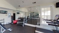 This dedicated fitness space is thoughtfully designed to support a comprehensive workout experience. The room's vaulted ceiling lends an airy, open feel, while recessed lighting and large windows—including a prominent arched transom window—flood the interior with natural light and offer views of the surrounding outdoors. Dark rubber flooring throughout provides both durability and comfort underfoot.

The cardio zone is anchored along the windowed wall and features multiple treadmills, an elliptical trainer, a stair climber, and a recumbent bike, with wall-mounted televisions positioned for convenient viewing. A multi-station functional training rig with TRX suspension straps and an integrated ladder forms the centerpiece of the strength area, complemented by a full rack of dumbbells, medicine balls, stability balls, and a weight bench. Floor-to-ceiling mirrors line one wall, visually expanding the space and supporting form-checking during exercise.

Natural light enters from multiple directions through white-trimmed windows and glass-paneled entry doors, contributing to the clean, bright aesthetic. Crown molding and crisp white walls provide a polished finish, giving this functional fitness space a refined yet practical character.