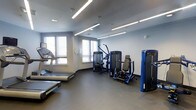 This fitness center offers a dedicated, single-floor space designed to meet a wide range of exercise needs. The room features a clean, modern aesthetic with light gray walls, a dark rubberized flooring surface ideal for heavy equipment, and a bright, open atmosphere enhanced by large windows fitted with blinds that allow natural light to filter in.

Overhead, a series of linear LED light fixtures provide consistent, even illumination throughout the space, ensuring excellent visibility during any time of day. The ceiling-mounted fixtures complement the room's contemporary design while maintaining a functional, no-frills environment focused on performance.

The fitness center is outfitted with a selection of cardio machines, including treadmills positioned along one wall to take advantage of the natural light from the windows. A variety of blue-and-gray strength training machines are thoughtfully arranged throughout the room, offering options for both upper and lower body conditioning. The equipment appears modern and well-maintained, catering to users at various fitness levels.

The layout of the space promotes ease of movement between stations, with ample room to navigate between machines safely. The overall ambiance is clean, professional, and purpose-driven, making it a practical and inviting environment for daily exercise.