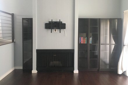 living room with high ceilings, fireplace, tv - 4838 McConnell Ave