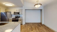 This single-floor residence offers a thoughtfully designed open-concept layout that seamlessly connects the kitchen, dining, and living areas. Throughout the main living spaces, warm wood-look flooring creates a cohesive and inviting atmosphere. The kitchen is well-appointed with stainless steel appliances, including a range and over-the-range microwave, complemented by granite countertops and light gray cabinetry. A peninsula-style breakfast bar with a granite surface extends into the dining area, providing additional prep and seating space. A pendant light fixture overhead adds a refined touch to the dining zone. The living area is generously proportioned, featuring vaulted ceilings accented by a ceiling fan, which enhances the sense of openness and airflow. The bedroom is finished with plush carpeting and includes a walk-in closet with built-in shelving, offering ample storage. A ceiling fan in the bedroom contributes to comfort year-round. Natural light filters in through a window fitted with blinds. The full bathroom features a tub-shower combination with tile surround, a granite-topped vanity with undermount sink, and wood-look flooring that ties the space together with the rest of the residence. The clean, neutral color palette throughout creates a bright, move-in-ready environment.