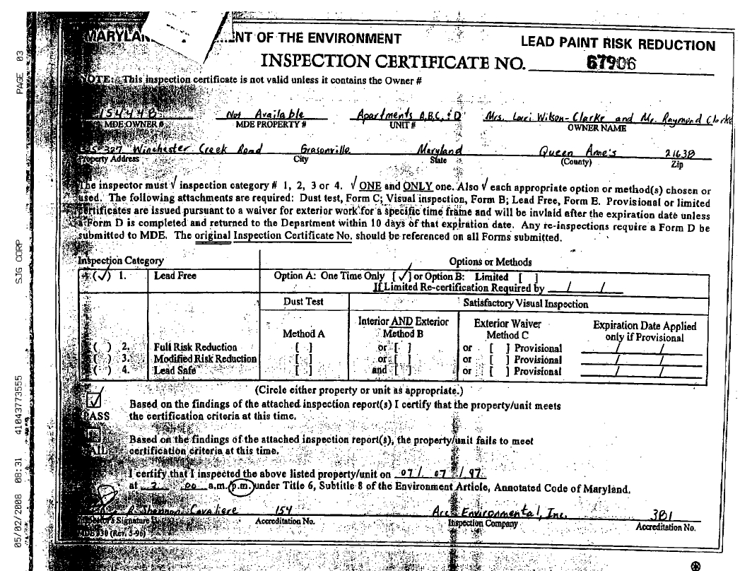 Lead Paint Certificate - 325 Winchester Creek Rd