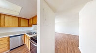 This well-designed apartment offers 1050 square feet of living space on a single floor. The layout includes three bedrooms, two bathrooms, two closets, a kitchen, and a hallway. The primary bedroom is generously sized at 170 square feet, providing ample space for comfort and relaxation.

The kitchen is a standout feature, boasting honey-colored wood cabinetry, stainless steel appliances, and a practical L-shaped design. Large windows in the living areas and bedrooms allow for plenty of natural light, creating a bright and airy atmosphere throughout the space.

Uniform wood flooring extends throughout the apartment, lending a sense of continuity and warmth to each room. The bathrooms are efficiently designed with modern fixtures, including a shower-tub combination in at least one of them.

Each bedroom is equipped with a ceiling fan for added comfort, and sliding closet doors maximize space efficiency. The neutral color palette of white walls complements the wood tones, providing a blank canvas for personalization.

Overall, this apartment in Summit West (Unit 33D - C2) offers a comfortable and functional living space with a modern aesthetic, suitable for various lifestyle needs.