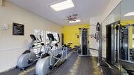 Located at 4711 S Himes Ave in Tampa, Florida, this single-floor fitness center is a well-equipped exercise facility designed to support a full range of workout routines. The space is characterized by bright, energetic yellow accent walls contrasted with soft cream-toned wainscoting, creating a motivating and visually dynamic environment. Durable patterned carpet flooring in grey and yellow tones runs throughout, complementing the room's color palette.

The facility is outfitted with multiple elliptical trainers and cardio machines positioned along a wall of large, multi-pane windows that offer natural light and pleasant views of the surrounding greenery. A multi-station cable weight machine provides options for strength training, while a dumbbell rack stocked with a range of free weights and an adjustable weight bench allow for varied resistance workouts. Ceiling fans mounted overhead help maintain comfortable air circulation throughout the space.

Full-length mirrors along one wall visually expand the room and assist users in monitoring their form during exercise. French doors and large windows on multiple sides invite abundant natural light, keeping the space open and airy. A posted exercise facility rules board and wall-mounted sanitation dispenser reflect attention to cleanliness and order. Overall, the fitness center offers a compact yet comprehensive environment for both cardio and strength training.