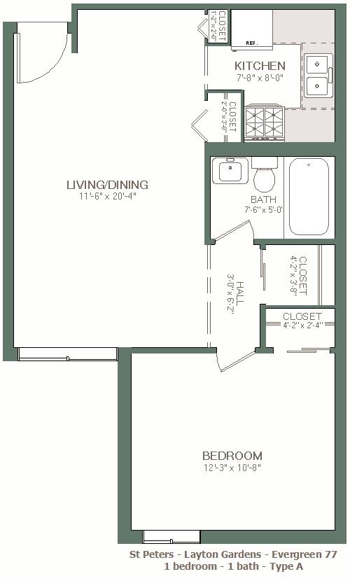 Tipo Plano de planta A - Evergreen Square - 62+ Senior Housing