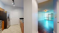 This thoughtfully designed one-bedroom, one-bathroom residence offers a comfortable and functional layout across a single floor. The open-concept living room and kitchen area serves as the heart of the home, featuring rich hardwood flooring that extends throughout the main living space. Crown molding and ceiling fans add refined finishing touches, while expansive floor-to-ceiling windows and sliding glass doors flood the room with natural light and provide access to a balcony with outdoor views.

The kitchen is well-equipped with warm honey-toned cabinetry, stainless steel appliances including a range, over-the-range microwave, and refrigerator, complemented by a mosaic tile backsplash and dark granite countertops. Light ceramic tile flooring completes the kitchen's clean, practical aesthetic.

The spacious bedroom features plush carpeting, a ceiling fan, and a large window that continues the theme of natural light throughout the unit. The full bathroom is finished with warm wood cabinetry, granite countertops, a large vanity mirror, and a soaking tub with tile surround, offering a relaxing retreat. The overall ambiance is bright, clean, and move-in ready.