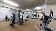 This fitness center offers a thorough and well-organized workout environment designed to accommodate a wide range of exercise needs. The space is generously sized, featuring wall-to-wall carpet flooring throughout and a textured ceiling fitted with bright fluorescent lighting that ensures the entire area is evenly illuminated.

The strength training zone is anchored by a multi-station cable machine, complemented by a dedicated weight rack with dumbbells and kettlebells, a flat bench, and step platforms for aerobic exercises. A heavy punching bag suspended from the ceiling adds a dynamic element to the training options available.

The cardio section is well-stocked with multiple treadmills, a stationary upright bike, an elliptical trainer, and a True fitness recumbent machine, providing ample options for cardiovascular workouts. Stability balls are also on hand for core and flexibility training.

Large mirrors are mounted along one wall, visually expanding the space and allowing users to monitor their form during exercise. A wall-mounted flat-screen television is positioned near vertical blind-covered windows and a glass door, offering natural light and views to the exterior. A wall clock and informational signage complete the functional layout, making this fitness center a comprehensive and practical facility for daily use.
