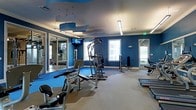 This fitness center is designed to provide a comprehensive workout environment within a single, open-plan floor. The space is immediately distinguished by its bold deep-blue walls, which create an energizing atmosphere conducive to exercise. The flooring transitions between a neutral carpet zone and blue rubberized workout flooring, clearly delineating dedicated exercise areas. A variety of strength training machines, including cable systems, a multi-functional weight bench, and resistance equipment, are thoughtfully arranged throughout the space. Cardio machines, including treadmills and elliptical-style trainers, are positioned to take advantage of natural light streaming in through multiple windows. Large floor-to-ceiling mirrors along one wall visually expand the space and allow users to monitor their form during workouts. The ceiling features a striking wave-shaped sculptural element with pendant lighting, adding an architectural focal point above the fitness floor. Flush linear light fixtures supplement the ambient lighting throughout. A wall-mounted flat-screen television is centrally positioned, providing entertainment during workouts. The overall ambiance is modern, functional, and thoughtfully designed to support a well-rounded fitness experience.