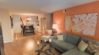 This single-story space showcases an open-concept design that connects the living and dining areas in a fluid, cohesive layout. The living area is anchored by a bold coral accent wall, which serves as a striking focal point and adds warmth to the overall ambiance. A light blue sofa is paired with a white accent chair and a glass-top coffee table, creating an inviting and stylish seating arrangement. Decorative candle holders and throw pillows contribute to the layered, curated aesthetic of the room. A large piece of abstract wall art complements the coral tones, reinforcing the warm color palette throughout.

The flooring throughout the space consists of hardwood-style planks, lending continuity and a clean, polished look from the living area through to the dining space. The dining area, visible in the background, features a dark wood dining table with bench seating and is illuminated by a pendant chandelier that adds a casual yet refined touch. A passthrough or counter connects the dining area to what appears to be a kitchen beyond, enhancing the open and accessible feel of the layout. Warm ambient lighting throughout creates a cozy, welcoming atmosphere.