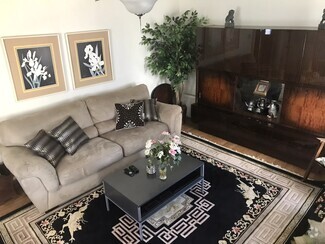 Modern living room with cozy couch and smart TV - 227 E Lamb St