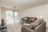 This single-floor residence offers a functional and comfortable layout with clearly defined living spaces. The living room serves as the central gathering area, featuring neutral carpet, a textured ceiling, and a sliding glass door that opens to a private balcony, allowing natural light to fill the room and providing outdoor views. The space comfortably accommodates a full seating arrangement, including a sofa, loveseat, and glass coffee table, with room for a television and media setup along the opposite wall. Dark wood-toned interior doors add a warm contrast to the light-colored walls throughout.

The galley-style kitchen features wood-toned cabinetry extending to the ceiling on both sides, offering generous storage. A double-basin sink, laminate countertops, a dishwasher, and an electric range with hood ventilation complete the functional workspace. Wood-look flooring runs through the kitchen and connects to a dining area.

The bedroom is generously sized, featuring soft carpet, a window with blinds for natural light, and a wide sliding-door closet with wood-panel finishes. The bathroom includes a full tub and shower combination with white fixtures. The overall ambiance is clean, neutral, and practical throughout.