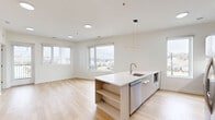 Located at 501 Orleans St in Richmond, VA, this thoughtfully designed one-bedroom residence offers a bright and modern living experience across a single floor. The open-concept kitchen and living area serves as the heart of the unit, featuring light hardwood flooring, crisp white walls, and abundant natural light from large windows overlooking the surrounding neighborhood. The kitchen is a standout, equipped with bold navy blue cabinetry, stainless steel appliances including a refrigerator and range, a white quartz peninsula with built-in shelving, a stainless sink, and a sleek linear pendant light above — combining style with everyday functionality. The living area flows seamlessly from the kitchen, with access to a private balcony offering open views of Orleans Street and the surrounding Richmond neighborhood. The bedroom is carpeted for comfort and features two large corner windows that flood the space with natural light, along with built-in wood-toned wardrobe cabinetry and a window seat with storage beneath — a practical and charming detail. Two closets provide ample storage throughout the unit. Additional conveniences include a dedicated laundry area and two full closets. The overall design aesthetic is clean, contemporary, and move-in ready.