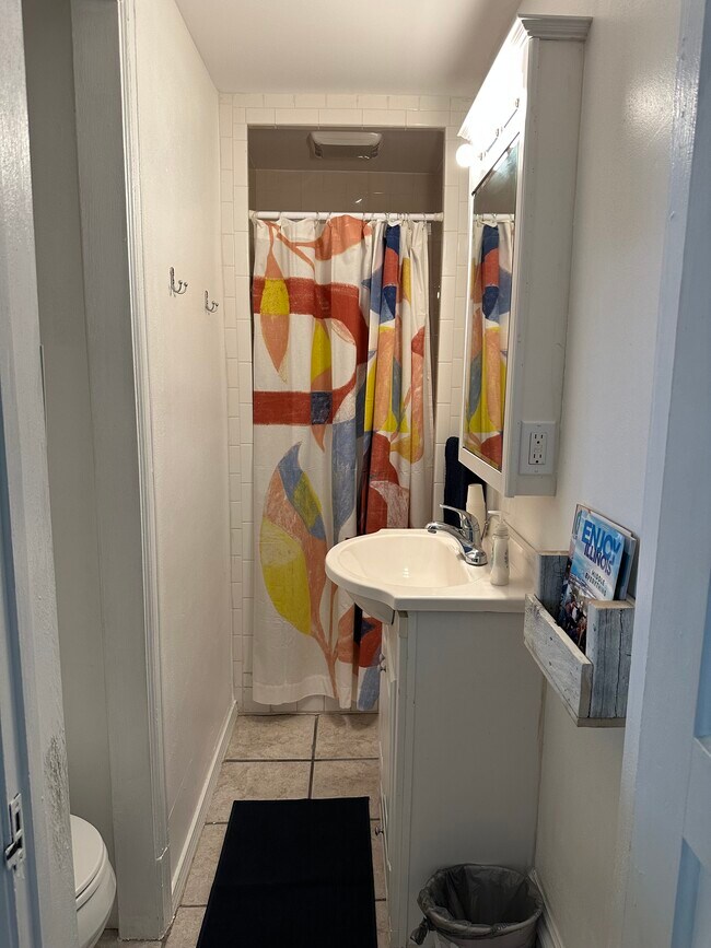 Baño con ducha, lavabo e inodoro. - 305 S Elm St