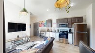 Located at 1800 W Bethune St in Detroit's Virginia Park neighborhood, this one-bedroom, one-bathroom unit offers a thoughtfully designed open-concept layout that maximizes its cozy footprint. The main living area seamlessly connects the living room, dining space, and kitchen under soaring vaulted ceilings, creating an airy, loft-like atmosphere. A striking exposed brick column anchors the living room, adding industrial character alongside bold wall art that gives the space a vibrant, creative energy. Light wood flooring runs throughout, complementing the bright white walls and large windows that draw in generous natural light. The kitchen is efficiently appointed with stainless steel appliances — including a range, microwave, and refrigerator — granite-style countertops, dual-tone cabinetry in white and dark wood, and a dishwasher. A compact dining counter with bar stools sits adjacent, ideal for casual meals. The bedroom offers a private retreat, while the bathroom features a glass-enclosed shower and abundant natural light from a dedicated window. Pendant lights adorned with trailing greenery add a distinctive, organic touch throughout. An in-unit washer and private balcony round out the functional amenities of this characterful Detroit residence.