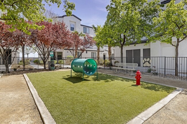 Unleash the ultimate in pet-friendly luxury at The Michael B! Our gated dog park offers a serene retreat with shaded trees and a cozy bench for you and your furry friend to relax and enjoy the day. - The Michael B Townhomes and Flats