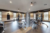 Located at 8340 Commerce Way in Miami Lakes, FL, this fitness center offers a generously proportioned, single-floor workout space designed to support a full range of exercise routines. The interior features a clean, modern aesthetic with two-tone walls in warm beige and tan, accented by bold dark crown molding that frames the room with a polished, structured look. Durable rubber flooring in a speckled pattern covers the entire space, providing both safety and practicality underfoot.

The facility is well-lit with a combination of recessed lighting and ceiling-mounted pendant fans, while multiple large windows along the walls invite abundant natural light and offer views of the lush surrounding landscape. A glass-paneled door provides direct access to an outdoor area, further enhancing the open, airy atmosphere.

Strength training is well represented with a multi-station cable machine system, a dedicated free weights area with benches, a weight rack, and additional resistance equipment. Cardio options are equally comprehensive, including treadmills, a stair climber, stationary bikes, and a recumbent bike. Wall-mounted flat-screen TVs are positioned throughout for entertainment during workouts. Full-length mirrors along one wall enhance the sense of space and support proper form during training sessions.