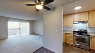 Located at 141 Del Medio Ave in Mountain View, California, this single-floor residence offers a functional and well-organized layout. The open living area is finished with plush carpeting and features a ceiling fan with integrated lighting, a textured ceiling, and a baseboard heating system. A large sliding glass door with vertical blinds fills the space with natural light and provides access to an outdoor balcony area, offering pleasant views of surrounding greenery.

The kitchen is positioned adjacent to the living area and is equipped with light maple cabinetry, granite-style countertops, and stainless steel appliances including a range with an overhead ventilation hood and a refrigerator. Wood-look flooring runs throughout the kitchen, creating a clean contrast to the carpeted living space.

The bathroom is thoughtfully appointed with a light maple vanity, granite-style countertop, and an undermount sink. A full-size soaking tub and toilet are enclosed in a separate water closet area. Wood-look flooring extends throughout the bathroom. Adjacent to the bathroom is a generously sized walk-in closet complete with built-in shelving and hanging rods, offering ample storage. Overall, the space presents a practical and comfortable layout suited for everyday living in the heart of Mountain View.