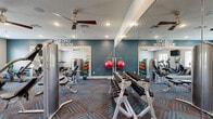 Located at 3401 Bobtown Rd in Garland, TX, this fitness center offers a comprehensive workout environment within a well-appointed single-room layout. The space is finished with a vibrant geometric-patterned carpet in teal and burgundy tones, lending energy and visual interest to the interior.

The cardio zone features multiple treadmills and an elliptical trainer positioned near large windows that invite natural light and outdoor views, complemented by a wall-mounted flat-screen television. Ceiling fans with recessed lighting throughout ensure proper air circulation and a comfortable workout environment.

The strength training area is equally well-stocked, housing multi-function cable machines, a dedicated free weight rack with a full range of dumbbells, and a weight bench. Medicine balls and stability balls are neatly organized along one wall, adding versatility for functional training routines.

Large framed wall mirrors visually expand the space and assist with form-checking during exercises. Motivational phrases such as "Your Only Limit Is You" and "If It Doesn't Challenge You, It Doesn't Change You" are displayed prominently on accent walls painted in a deep teal, adding an inspiring atmosphere. A clearly marked exit ensures safety and ease of access throughout the facility.