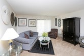 This single-floor residence offers a thoughtfully organized layout with a variety of functional and comfortable spaces. The living room serves as the heart of the home, featuring soft carpeting, a textured ceiling, and a large sliding glass door that floods the room with natural light and provides a view of the surrounding greenery — making the space feel open and inviting. Adjacent to the living area is a dedicated dining space with light-toned walls, wood cabinetry nearby, and room for a full dining table, ideal for everyday meals or entertaining guests. The galley-style kitchen is efficiently designed, featuring warm wood cabinetry, light countertops, a double basin sink, a full suite of appliances including a refrigerator, electric range, dishwasher, and built-in microwave, all set on durable tile flooring. The bedrooms are carpeted and generously sized, each offering ample closet space — one notably includes a walk-in closet. Large windows in the bedrooms allow for natural light and outdoor views. The bathroom is well-appointed with a shower-tub combination, a vanity with storage cabinetry, and tile flooring. Neutral tones and consistent finishes throughout the residence create a cohesive and comfortable living environment.