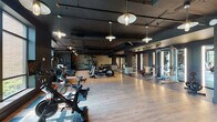 This stylish fitness center combines industrial design with a high-end gym aesthetic across a single, open floor plan. The space features a dark, dramatic ceiling with exposed ductwork and black structural beams, contrasted by warm pendant lighting and track lighting throughout. Light hardwood flooring covers the main workout area, transitioning to dark rubber flooring in the strength and weight training zones.

The cardio area is well-appointed with Peloton spin bikes, treadmills, elliptical machines, stair climbers, and rowing machines. Treadmills are positioned near large floor-to-ceiling windows that flood the space with natural light and offer views of the surrounding greenery. A dedicated strength training zone features a Smith machine, a functional training rig with TRX straps and medicine balls, and a full rack of dumbbells. Vertical LED light strips and full-length mirrors in the strength area add to the sleek, modern atmosphere.

A textured stone accent wall anchors the free weights section, providing visual warmth against the matte dark walls. The open layout ensures ample space between equipment, allowing for comfortable movement throughout. The combination of natural light, thoughtful lighting design, and premium equipment makes this a comprehensive and inviting fitness facility.