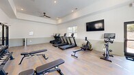 Located at 101 Fox Grape Loop in Weaverville, NC, this dedicated fitness center offers a thoughtfully designed exercise space that provides everything needed for a comprehensive workout. The room features light hardwood-style flooring, a tray ceiling with recessed lighting, and a ceiling fan that keeps the space comfortable during workouts. Large windows allow ample natural light to fill the room, creating a bright and welcoming atmosphere.

The cardio section is well-appointed with multiple TRUE-brand treadmills, elliptical machines, and a rowing machine, each equipped with individual digital display screens. A wall-mounted flat-screen TV is positioned for easy viewing from the cardio equipment. The strength training area includes a multi-station cable machine, a full dumbbell rack with a wide range of weights, adjustable weight benches, and an assortment of fitness balls for functional training. A large floor-to-ceiling mirror spans one wall, visually expanding the space and allowing users to monitor their form. The facility is accessed through sleek double glass doors with black frames, adding a modern, polished touch to the entrance. The clean, neutral color palette and organized layout contribute to an efficient and motivating workout environment.