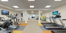 This fitness center is a comprehensive, single-floor facility designed to support a full range of workout routines. The space is organized into distinct functional zones, making it easy to navigate between cardio, strength, and free weight training areas. The cardio section is anchored by multiple True treadmills positioned on vibrant, color-blocked rubber flooring in gray, yellow, and orange, with wall-mounted flat-screen TVs providing entertainment during workouts. An elliptical trainer and stationary bike round out the cardio offerings. The strength training area features a multi-station cable machine and a variety of additional resistance equipment. A dedicated free weights zone houses a full rack of dumbbells in graduated sizes alongside kettlebells and a weight bench, offering versatile options for resistance training. Stability balls add functional training capabilities to the space. Overhead recessed panel lighting illuminates the entire facility evenly, complemented by natural light streaming through large windows and glass double doors that open to an outdoor patio area. White structural columns frame the open floor plan, contributing to the clean, bright aesthetic. Neutral-toned carpet tiles line the central walkway, while the overall design maintains a professional and welcoming atmosphere suited for daily use.