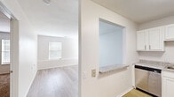 This single-floor residence at 3350 Rue St Catherine St in Florissant, Missouri is thoughtfully designed with a clean, modern aesthetic throughout. The kitchen serves as a functional centerpiece, featuring white shaker-style cabinetry, granite-look countertops, and a full suite of stainless steel appliances including a refrigerator, range, microwave, and dishwasher. Light wood-style flooring runs through the kitchen and connects seamlessly to the entry, enhancing the bright, airy feel of the space. A built-in pass-through shelf with a granite surface connects the kitchen to the adjacent living area, adding a practical and stylish architectural detail. The living area is generously proportioned, filled with natural light from multiple windows, and finished with the same light wood-style flooring, creating a welcoming and open atmosphere. The bedroom is carpeted for comfort, features a ceiling fan, and includes a spacious walk-in closet with built-in shelving for ample storage. The bathroom is well-appointed with a full soaking tub and shower combination, accented by chrome grab bars and fixtures. Throughout the unit, neutral tones and consistent finishes contribute to a cohesive, move-in-ready environment.