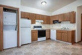This single-floor unit offers a practical and straightforward layout comprising a living room, kitchen, and one bedroom. The living room serves as the welcoming entry point, featuring warm carpet flooring, a front entry door with small glass pane accents, a large window that draws in natural light and frames outdoor tree views, a wall-mounted air conditioning unit, and baseboard heating. The open sightlines between the living area and kitchen create a sense of connected space.

The kitchen is well-equipped with warm oak-toned cabinetry spanning both upper and lower sections, providing ample storage. White appliances include a refrigerator, electric range, and dishwasher, complemented by a countertop microwave. Light tile flooring anchors the kitchen area, and a dedicated closet nook houses a stacked washer and dryer unit, adding convenient in-unit laundry. A window allows natural light into the kitchen space.

The bedroom is a comfortable, carpet-floored room featuring a window with outdoor views, baseboard heating, and a closet. White textured ceilings are consistent throughout, and warm wood-toned trim and doors unify the overall aesthetic of the unit.