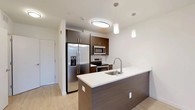 Located at 550 Halstead Avenue in Harrison, NY, this well-appointed one-bedroom, one-bathroom residence offers a thoughtfully designed single-floor layout with modern finishes throughout. Light-toned hardwood flooring flows seamlessly across the open-concept living and kitchen areas, creating a bright, cohesive aesthetic.

The kitchen is a standout feature, showcasing rich dark-walnut cabinetry, a suite of stainless steel appliances including a French-door refrigerator with ice maker, electric range, and built-in microwave. A peninsula with a crisp white countertop and undermount sink doubles as a breakfast bar, illuminated by stylish pendant lighting overhead.

The living area is generously proportioned with clean white walls and a large window that fills the room with natural light and frames outdoor views of the surrounding greenery. The bedroom continues the same light wood flooring and neutral palette, featuring a dedicated closet for ample storage.

The bathroom is finished to a high standard, featuring large-format grey tile walls in the walk-in shower, a sleek dark-wood vanity with a glass-top sink, a backlit mirror, and neutral tile flooring — delivering a clean, spa-like atmosphere. The overall design is modern, minimal, and move-in ready.
