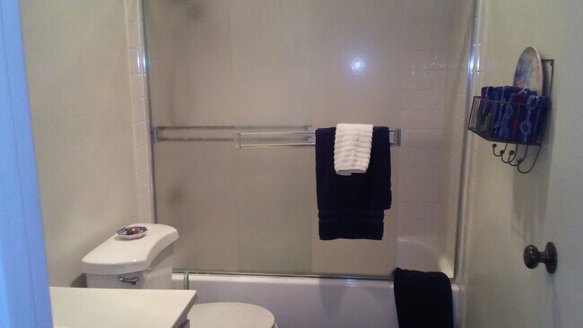 Bathroom w/ wall length vanity mirror & enclosed shower/tub - 1 Embarcadero St W