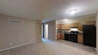 This single-floor space presents an open-concept layout where the living area flows directly into the kitchen, creating a cohesive and functional living environment. The living area is finished with wall-to-wall carpet in a neutral beige tone, contributing to a warm and understated ambiance. Smooth, taupe-painted walls complement the light-colored textured ceiling throughout the space.

The kitchen is positioned adjacent to the living area and features medium-toned wooden cabinetry along both the upper and lower sections, providing ample storage. Dark countertops offer a subtle contrast to the cabinetry, while the flooring transitions to a tile-like surface suited for the cooking area. A black electric range serves as the primary cooking appliance, accompanied by an overhead range hood. The kitchen layout follows an L-shape, maximizing efficiency within the available space.

A doorway visible from the living area leads to additional rooms beyond, suggesting a hallway connecting to further private spaces such as a bedroom or bathroom. Overhead flush-mount lighting illuminates both the living and kitchen areas. The overall design is practical and straightforward, with a neutral palette throughout.