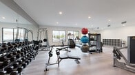 Located at 6875 Jimmy Carter Blvd in Norcross, GA, this single-floor fitness center is thoughtfully designed to support a full range of workout routines. The space features light hardwood-style flooring throughout, recessed lighting, and a clean, modern aesthetic defined by neutral white and gray tones.

The strength training area is well-stocked with a full rack of hex dumbbells, a multi-function cable machine, a weight bench with barbell setup, a Smith machine, and a dedicated rack for stability balls and kettlebells. Full-length mirrors line one wall, visually expanding the space and allowing users to monitor their form during exercise.

The cardio section is positioned along the windowed wall, where multiple treadmills and an elliptical machine benefit from natural light and outdoor views. Large black-framed windows provide a bright, open atmosphere throughout this zone.

A standout design feature is a bold, floor-to-ceiling aerial forest mural that adds a dynamic visual element to the space. Additional amenities include a water fountain station, open shelving for storage, and ample open floor space suitable for stretching or functional training. The overall layout is organized, spacious, and conducive to an effective workout experience.