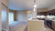 This single-floor residence is designed with an open, functional layout that connects the kitchen and living area seamlessly. The kitchen is well-appointed with dark wood cabinetry, granite countertops, and a full suite of stainless steel appliances, including a refrigerator, range, and over-the-range microwave. Light wood-look flooring runs through the kitchen area, while pendant lighting above the peninsula adds a refined touch. The peninsula itself features a built-in sink, offering a practical workspace that overlooks the living area.

The living space is generously sized, finished with neutral-toned carpet that extends throughout the bedrooms. Each bedroom is bathed in natural light through blinds-fitted windows, providing views of the surrounding neighborhood. The rooms feature warm beige walls and clean white trim, creating a calm and neutral aesthetic.

The bathroom includes a dark wood vanity with a granite countertop, light wood-look flooring, and white panel doors, maintaining a consistent design language found throughout the unit. Overall, the space presents a cohesive, neutral palette with practical finishes, offering a comfortable and functional living environment across all areas.