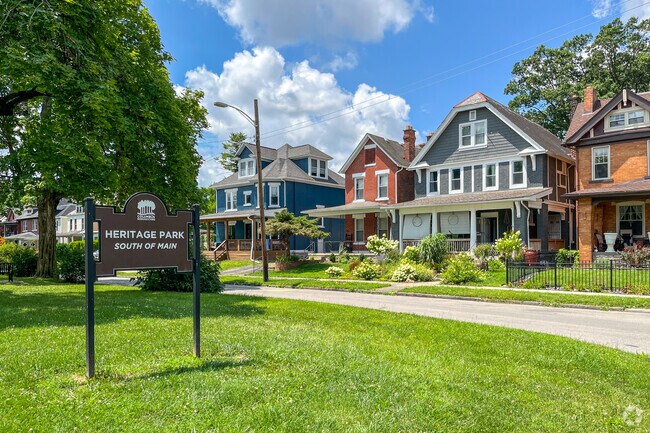 Heritage Park is situated on a median between homes.