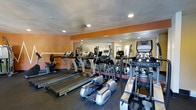 This fitness center is designed to provide a comprehensive cardio workout experience in a focused and functional environment. The space is outfitted with a lineup of True-brand exercise machines, including multiple treadmills, elliptical trainers, and stair climbers, all arranged to maximize floor space and ease of use. A full-length wall mirror spans one side of the room, creating a sense of expanded space and allowing users to monitor their form during workouts. The walls are painted in warm orange tones accented by neutral trim, giving the space an energetic and motivating atmosphere. Recessed lighting in the ceiling provides consistent, even illumination throughout. The flooring features a dark rubberized surface, which is both durable and practical for high-traffic fitness use. The room is compact yet efficiently organized, making it easy to navigate between machines. Overall, this fitness center delivers a clean, well-maintained environment suited for daily cardio training.