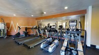 This fitness center is designed to provide a comprehensive cardio workout experience in a focused and functional environment. The space is outfitted with a lineup of True-brand exercise machines, including multiple treadmills, elliptical trainers, and stair climbers, all arranged to maximize floor space and ease of use. A full-length wall mirror spans one side of the room, creating a sense of expanded space and allowing users to monitor their form during workouts. The walls are painted in warm orange tones accented by neutral trim, giving the space an energetic and motivating atmosphere. Recessed lighting in the ceiling provides consistent, even illumination throughout. The flooring features a dark rubberized surface, which is both durable and practical for high-traffic fitness use. The room is compact yet efficiently organized, making it easy to navigate between machines. Overall, this fitness center delivers a clean, well-maintained environment suited for daily cardio training.