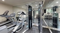 This dedicated fitness space is thoughtfully designed to deliver a comprehensive workout experience in a clean, well-organized environment. The room features dark rubber flooring throughout, providing a durable and slip-resistant surface suited for a wide range of exercises. Floor-to-ceiling mirrors line the walls, amplifying the sense of space and allowing users to monitor their form during training sessions.

The space is equipped with professional-grade cardio machines, including a treadmill, elliptical, and stair climber by Precor, arranged to allow comfortable use of each unit. A multi-functional cable trainer serves as the centerpiece for strength and resistance training, while a dedicated free weight area includes a full rack of dumbbells in varying weights paired with an adjustable workout bench.

Recessed lighting in the smooth, crown-molded ceiling ensures bright, even illumination throughout. Natural light filters in through several windows, offering views of the surrounding greenery. A wall-mounted flat-screen television is prominently positioned for entertainment during workouts, and a ceiling-mounted projector adds further media flexibility. A wall-unit air conditioner provides climate control, and a direct exterior door offers convenient access to the outdoors.