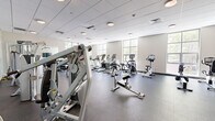 Located at 20 Day St in Norwalk, Connecticut, this fitness center offers a single, generously sized exercise room designed to accommodate a comprehensive range of workout routines. The space features a drop ceiling with recessed lighting that provides bright, even illumination throughout, while large windows along one wall flood the room with natural light and offer views of the surrounding greenery.

The exercise room is outfitted with a diverse selection of equipment to support both cardio and strength training. A row of treadmills and elliptical machines lines the windowed wall, making for an energizing workout experience. Strength training is well-represented with multiple cable and resistance machines, a weight bench, and a freestanding dumbbell rack. A large wall-mounted mirror enhances the sense of space and allows users to monitor their form. A wall-mounted flat-screen television adds an entertainment option for those engaged in longer cardio sessions.

The flooring consists of durable dark rubber matting, practical for both safety and equipment support. The room's neutral color palette of whites and soft grays contributes to a clean, professional atmosphere. Entry is provided through clearly marked doorways, and the layout allows for comfortable circulation between equipment stations, making this a functional and well-appointed facility.