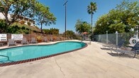 Located in Escondido, California, this outdoor aquatic amenity area offers a well-appointed recreational retreat under the Southern California sun. The centerpiece is a generously sized freeform swimming pool with a classic kidney-shaped design, trimmed with a distinctive brick coping border and crystal-clear turquoise water. An entry handrail provides convenient pool access, and the smooth concrete sun deck surrounding the pool offers ample space for lounging and socializing. A separate circular spa is situated adjacent to the main pool, providing a dedicated relaxation area. Numerous lounge chairs are arranged along the pool deck, accommodating residents seeking to enjoy the outdoors. A shaded seating area with a patio table and vibrant orange umbrella is available for those seeking relief from the sun. The entire area is enclosed by a metal security fence with a gated entry, ensuring safety and controlled access. Mature trees, including tall palms, provide a lush backdrop, while the natural hillside landscape of Escondido frames the space, offering pleasant views of the surrounding terrain. The setting benefits from abundant natural light and an open-air atmosphere characteristic of Southern California living.