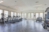 Located at 4251 Holly Springs Pkwy in Holly Springs, GA, this single-floor fitness center offers a spacious, thoughtfully designed workout facility. The open floor plan is anchored by distinctive herringbone-patterned flooring in a soft gray tone, lending the space a modern, polished aesthetic that complements its clean white walls and neutral trim.

Large windows line multiple walls throughout the facility, flooding the interior with abundant natural light and offering views of the surrounding community and outdoor pool area. Ceiling fans and linear pendant lighting provide additional comfort and illumination across the workout floor.

The cardio zone is well-appointed with multiple treadmills, elliptical trainers, a stationary bike, and a rowing machine — all positioned to take advantage of the natural light and outdoor views. The strength and functional training area features a multi-station cable machine, a dumbbell rack with a variety of weights, an adjustable bench, and a dedicated space for stretching and accessory work, complete with exercise balls and resistance tools stored on a wall-mounted rack.

Built-in glass-front cabinetry and a small beverage refrigerator provide added convenience. French doors and separate entry points offer easy access, while the overall layout ensures ample open space for movement and exercise variety. The bright, airy ambiance makes this a welcoming and motivating environment for all fitness levels.