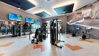 Located at 2410 Canopy Breeze Circle in Orlando, Florida, this contemporary fitness center is a well-appointed, single-floor facility designed to support a full range of workout routines. The space immediately impresses with its generous, open layout, elevated ceilings accented by teal coffered panels with integrated lighting, and a dynamic color scheme of grey, white, and bold orange that carries through the flooring's geometric patterned tiles.

Large floor-to-ceiling windows line the perimeter, flooding the interior with abundant natural light while offering views of the surrounding palm-lined outdoor area. The cardio zone features a row of treadmills and elliptical machines positioned directly in front of these expansive windows, creating an energizing workout environment. Multiple flat-screen televisions are mounted along the walls for entertainment and motivation during exercise sessions.

The strength training area is comprehensively equipped with cable machines, a variety of selectorized weight stations, free weights including a full dumbbell rack, weight benches, a leg press, and a squat rack. A dedicated stretching and functional training zone rounds out the offerings. Oversized, high-impact athletic photography murals serve as bold focal points throughout the space, reinforcing the facility's energetic and motivational ambiance. Glass panel walls and doors enhance the open, connected feel of the entire fitness center.