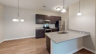 Located at 1910 Stonehenge Dr in Greenville, NC, this single-story unit combines functional design with contemporary finishes throughout. The open-concept living area features wood-look flooring and a ceiling fan, with a glass door leading to a private balcony that brings in natural light and outdoor views.

The kitchen is a standout feature, outfitted with dark espresso cabinetry, granite-style countertops, and a full suite of stainless steel appliances including a range, microwave, and refrigerator. A peninsula with an undermount sink and pendant lighting above adds both workspace and a casual dining option.

The bedrooms are carpeted for comfort and fitted with ceiling fans. Neutral gray walls and white panel doors maintain a clean, cohesive aesthetic throughout. Each bedroom benefits from good spatial proportions and access to adjacent areas.

The bathroom includes wood-look vinyl flooring, a dark-toned vanity with a light countertop, a tub/shower combination, and a toilet, all within a well-organized layout. A dedicated laundry area accommodates a full-size Whirlpool washer and dryer side by side, with overhead wire shelving for additional storage.