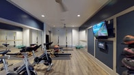 This single-floor fitness studio is thoughtfully designed to support a wide range of workout styles in a clean, modern environment. The space features a two-tone color scheme, with deep navy accent walls contrasting against crisp white surfaces, complemented by warm wood-look flooring that adds a welcoming feel underfoot. Recessed lighting and a ceiling fan ensure the room stays well-lit and comfortable during intense sessions.

The studio is outfitted with a curated selection of equipment, including spinning bikes, rowing machines, and exercise mats, catering to both cardio and strength training routines. TRX suspension trainers are mounted to the wall, offering versatile bodyweight training options, while stability balls and step platforms provide additional workout variety. A ballet-style barre runs along one wall, supporting stretching and toning exercises.

A large flat-screen television is prominently mounted on one wall, connected to an interactive fitness platform that streams on-demand and live workout classes, enabling guided training sessions at any time. Full-length mirrors line one side of the studio, allowing users to monitor form and technique. The overall ambiance is energetic yet focused, making this studio a functional and inviting space for fitness enthusiasts of all levels.