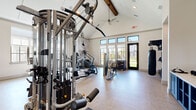 Located at 15901 Championship Pkwy in Fort Worth, TX, this fitness center is a thoughtfully designed exercise facility that combines architectural elegance with comprehensive workout capabilities. The space is defined by its dramatic vaulted ceilings accented with warm wood beam details and wood paneling, creating an airy, open atmosphere that feels spacious and inviting. Large floor-to-ceiling windows and glass-paned doors flood the interior with natural light while offering views of the surrounding outdoor greenery, enhancing the workout environment. A ceiling fan adds to the comfort of the space during intense sessions. The exercise room is outfitted with a wide variety of equipment to support diverse fitness goals. Cardio offerings include treadmills, elliptical trainers, a stair climber, and a rowing machine. Strength training is well-represented with a multi-station cable machine, weight benches, and various resistance equipment. A dedicated functional training zone features TRX suspension straps, a heavy punching bag, kettlebells, and plyo boxes. Full-length mirrors along one wall allow users to monitor their form, while a wall-mounted television provides entertainment. The neutral-toned flooring and clean white walls contribute to a modern, professional aesthetic throughout.