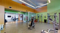 Located at 3175 Creekside Dr in San Leandro, California, this well-equipped fitness center offers a comprehensive workout environment spread across a single floor. The facility is divided into distinct zones, each designed to support a variety of exercise modalities. The cardio area features multiple treadmills, elliptical trainers, a stair climber, and a stationary bike, all arranged beneath suspended linear lighting and a wall-mounted flat-screen television. Large windows along the perimeter flood this section with natural light and offer views of the surrounding landscape. A dedicated strength training zone houses a selection of selectorized resistance machines and cable systems, set against vibrant green accent walls and warm wood-paneled upper walls that give the space an energetic yet welcoming character. Glass-panel partitions divide sections of the facility, maintaining an open sightline throughout while organizing the space functionally. The flooring throughout consists of durable speckled rubber, appropriate for high-traffic fitness use. Soaring ceiling heights in the main training area contribute to an open, airy feel. The overall design balances functionality with a modern aesthetic, making it a versatile space suited for both cardio conditioning and resistance training.