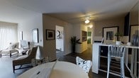 This single-floor space showcases an open-concept layout that seamlessly connects the living, dining, and work areas. Dark hardwood-style flooring runs throughout, providing a warm contrast to the neutral, light-toned walls. The central living and dining area is anchored by a ceiling fan with an integrated light fixture, ensuring both comfort and ambient illumination.

A white dining table with patterned chairs serves as a functional focal point, while a laptop on the table suggests the space doubles as a work area. Wall art and a decorative clock add personality to the walls, complementing the overall aesthetic. A tall indoor plant introduces a natural element to the space.

A white shelving unit along one wall provides additional storage and display space. Doorways lead to adjoining rooms, including what appears to be a bathroom and further living quarters, hinting at a well-connected floor plan. One corridor reveals a vibrant green accent wall, adding a pop of color. The layout is practical and efficiently organized, making thoughtful use of the available space throughout.