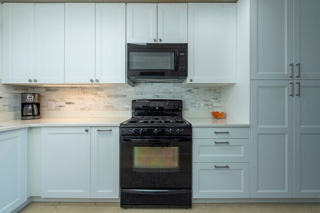 Gas range cooking with ample cabinet storage and elegant quartz countertops. - 405 Windswept Dr