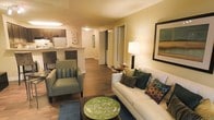 This single-floor residential space offers a thoughtfully designed open-concept layout that promotes a natural flow between living and dining areas. The living room serves as the heart of the home, furnished with a neutral-toned sofa accented by richly colored throw pillows and complemented by a pair of green upholstered armchairs. Warm hardwood-style flooring runs throughout, adding a sense of cohesion and warmth across the space. A framed landscape artwork adorns one wall, contributing to the polished, curated aesthetic.

The kitchen is positioned adjacent to the living area and separated by a breakfast bar with counter seating, making it ideal for casual dining or entertaining. Dark wood cabinetry pairs with light countertops, and the layout appears functional and efficient. A hallway visible from the main living area leads toward additional rooms, hinting at a practical and organized floor plan.

Soft, warm lighting from overhead fixtures and a standing floor lamp creates an inviting atmosphere throughout. The overall ambiance is cozy yet contemporary, with a neutral color palette punctuated by earthy greens and rich browns that lend the space a comfortable, lived-in character.