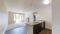 This single-floor space is designed with an open-concept layout that seamlessly connects the kitchen and living areas. The kitchen features a central island topped with light granite countertops and fitted with a double stainless steel sink, complemented by dark espresso cabinetry with brushed nickel hardware. Overhead, a pair of amber art-glass pendant lights add a warm, decorative focal point. A dishwasher is integrated into the island cabinetry, enhancing the kitchen's functionality.

The flooring transitions from dark hardwood in the kitchen and entry areas to plush carpeting throughout the living space, adding texture and comfort underfoot. The living area is anchored by a freestanding fireplace with a clean, modern surround, creating a cozy gathering point. Large glass patio doors flood the space with natural light and offer views of surrounding greenery, enhancing the sense of openness.

A dedicated laundry area is neatly tucked behind the kitchen, housing a stacked washer and dryer unit within a closeted space, keeping utilities organized and accessible. The overall palette of soft neutral tones, white walls, and warm lighting contributes to a bright, welcoming ambiance throughout.